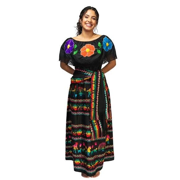 Mexican 3 piece set Blouse Cambaya skirt elastic waist and belt or mini rebozo - Picture 2 of 12